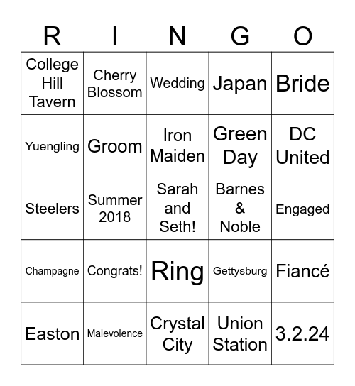 Sarah and Seth get engaged! Bingo Card