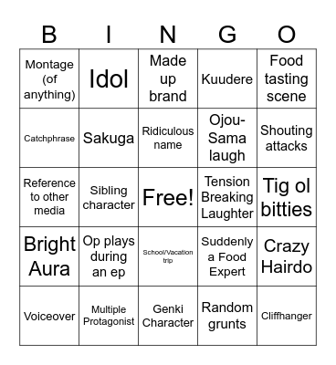 Anime Trope Bingo Card