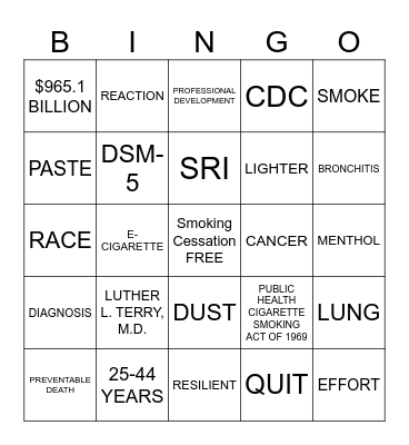 SMOKING CESSATION BINGO Card