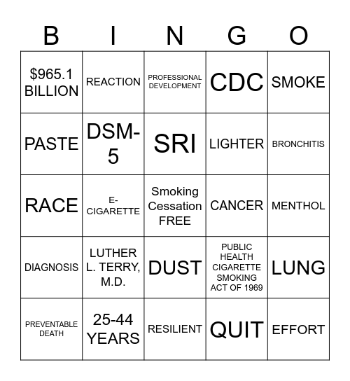 SMOKING CESSATION BINGO Card