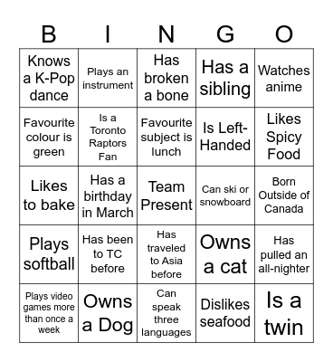 Team Present Bingo Card