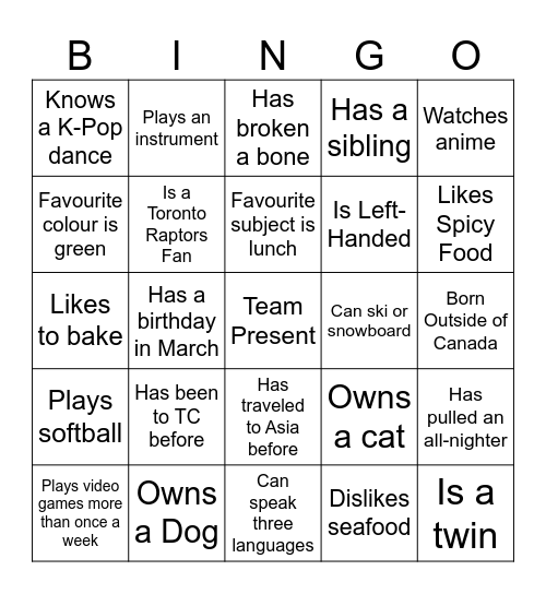 Team Present Bingo Card