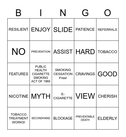 SMOKING CESSATION BINGO Card