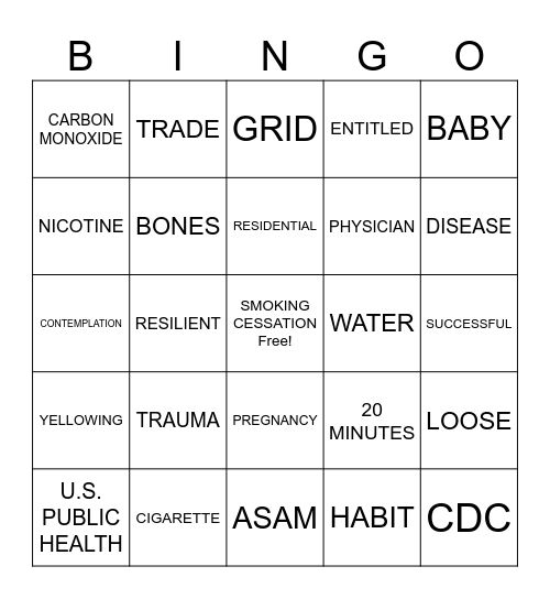 SMOKING CESSATION BINGO Card