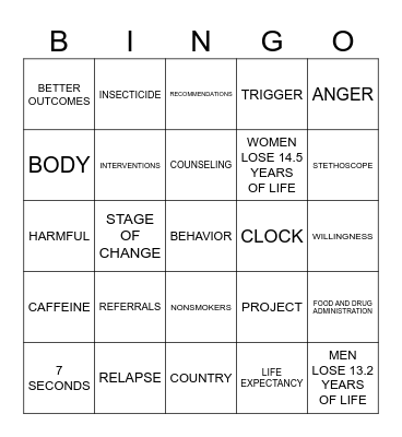 SMOKING CESSATION BINGO Card