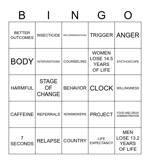 SMOKING CESSATION BINGO Card