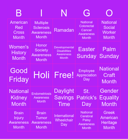 March 2024 Observances Bingo Card