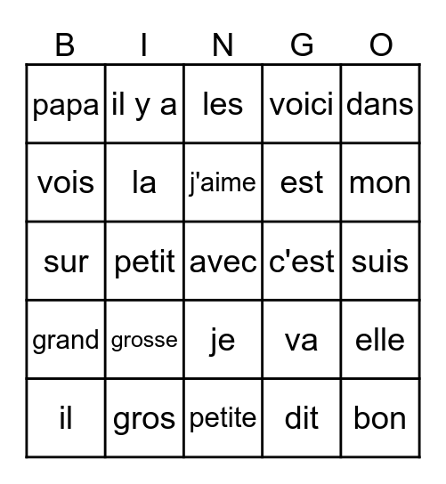 Les mots fréquents ! Bingo Card