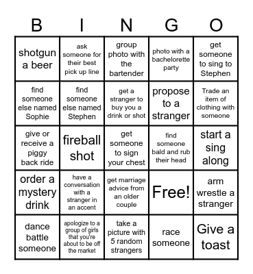 Stephens Bachelor Party Bingo Card
