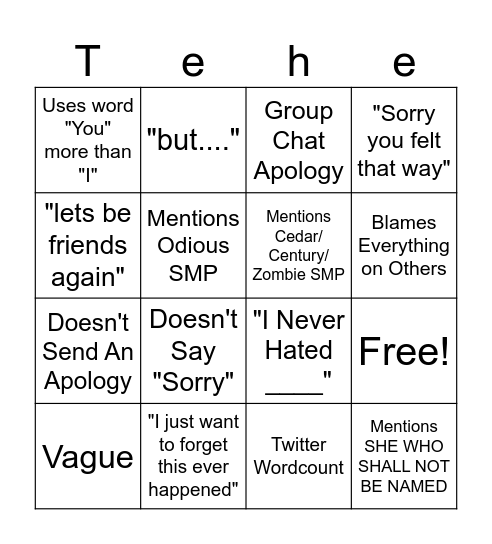 Apology Bingo Card
