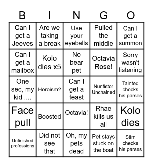 Crossfire Swampy Bingo Card