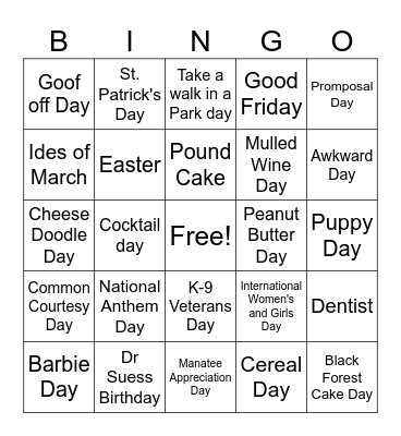 March Days Bingo Card