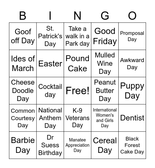 March Days Bingo Card