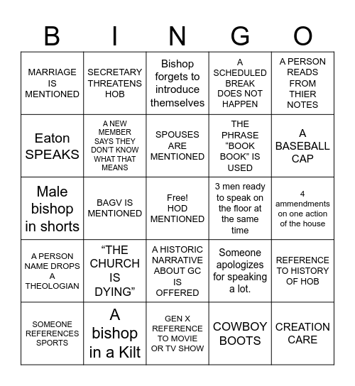 HOB General Convention 2024 Bingo Card