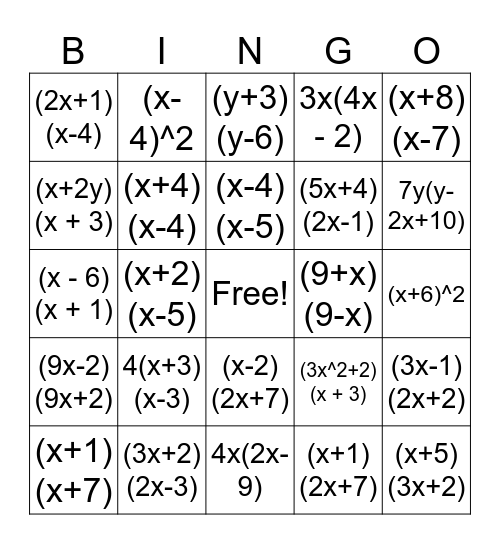 Factor Polynomials Bingo Card