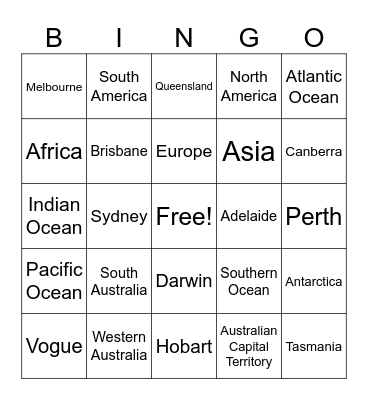 Vogue geography Bingo Card