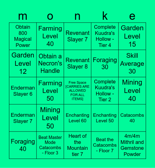 Hypixel Skyblock Bingo Card