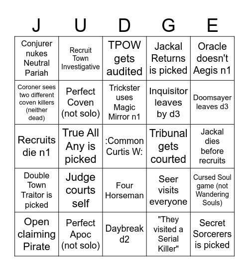 Better Town of Salem 2 Bingo Card