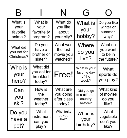 ESL Conversation Bingo Card