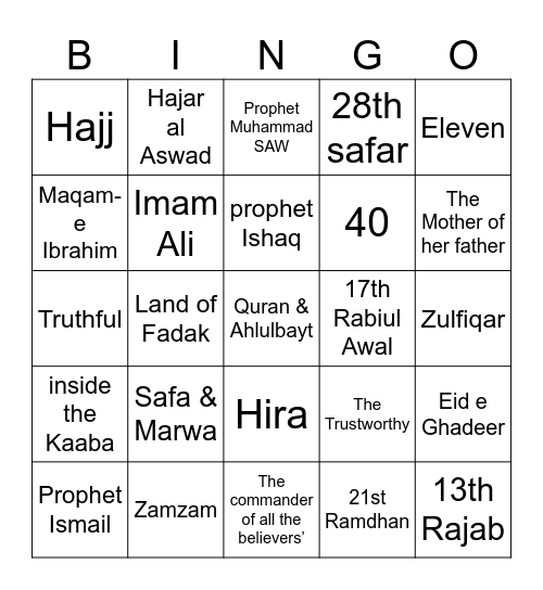 Islamic studies Tareek Bingo Card