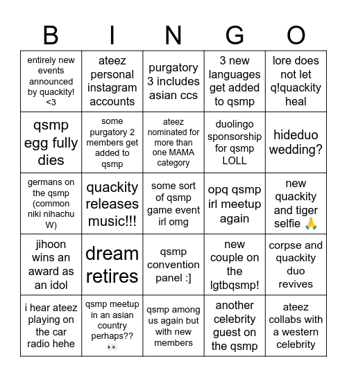 2024 fandom bingo! (mostly quackity)) Bingo Card
