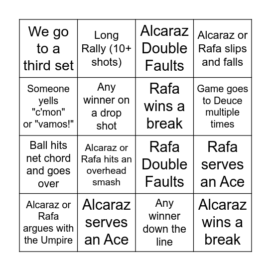 Rafa v. Alcaraz Bingo Card