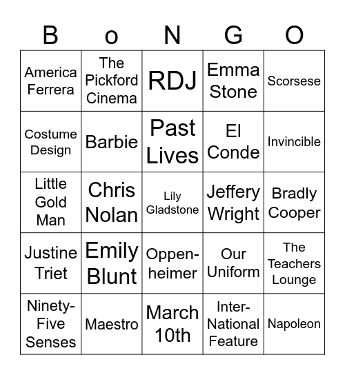 Oscars Bongo Bingo Card