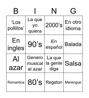 Karaoke Bingo Card