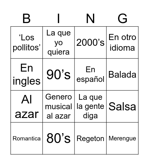 Karaoke Bingo Card