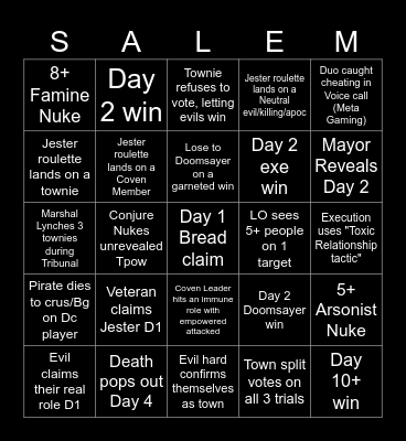 TOS 2 Bingo List Bingo Card