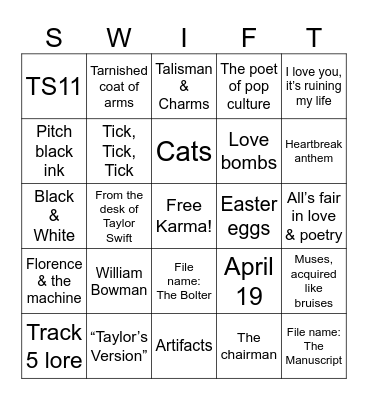 The Tortured Swifties Department Bingo Card