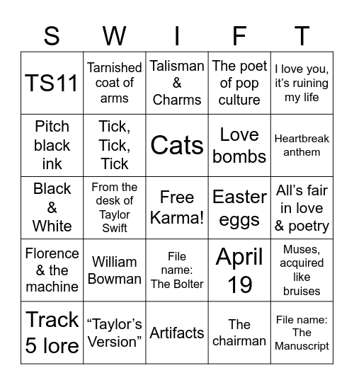 The Tortured Swifties Department Bingo Card