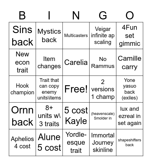 Set 11 Bingo Card