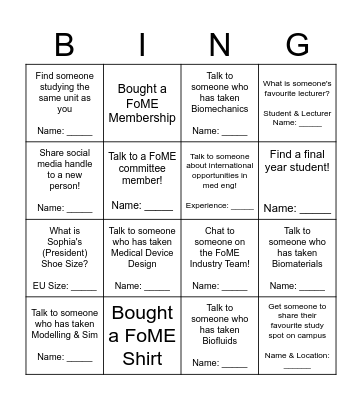 FoME Welcome Night Bingo Card
