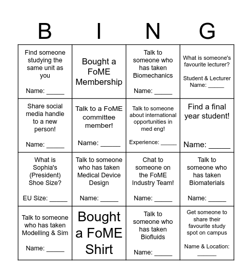 FoME Welcome Night Bingo Card