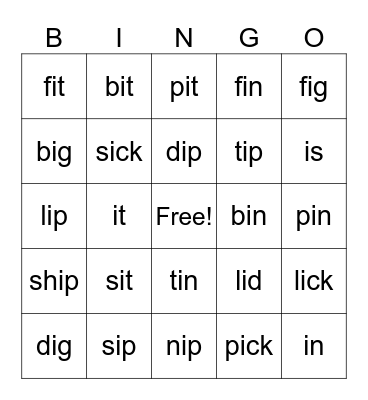 Short 'i' Bingo Card