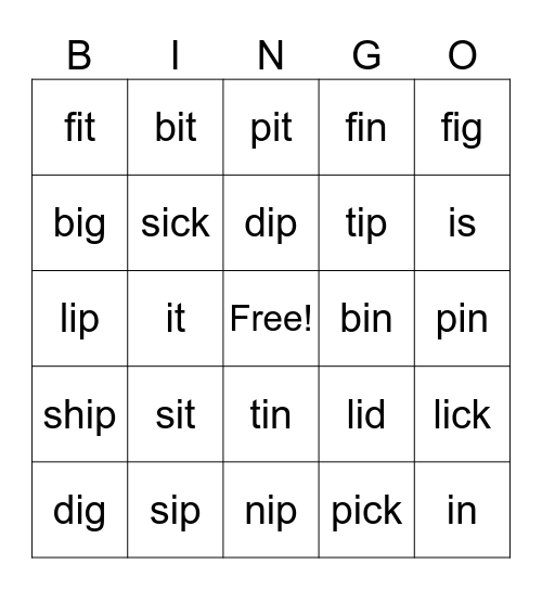 Short 'i' Bingo Card
