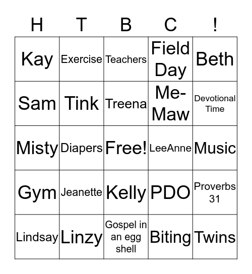 Parent's Day Out Bingo Card