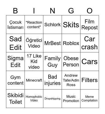 OTANGF Youtube Shorts Bingo Card