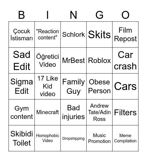 OTANGF Youtube Shorts Bingo Card