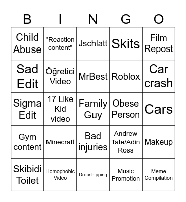 OTANGF Youtube Shorts Bingo Card