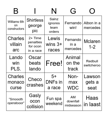 F1 2024 Bingo Card