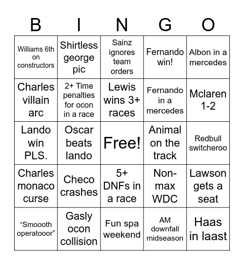 F1 2024 Bingo Card