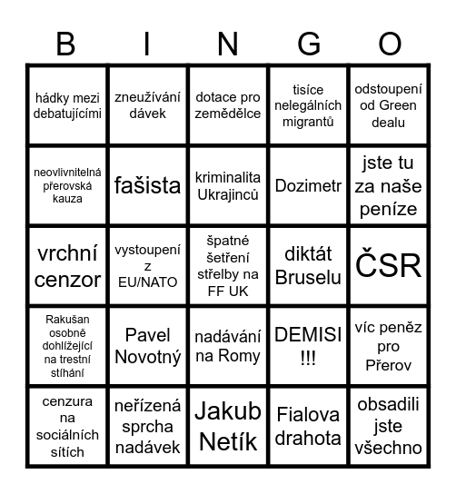 Bingo debata přerov Bingo Card