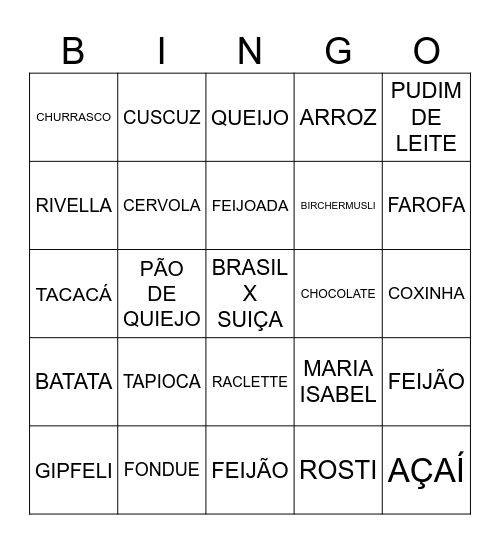 COMIDAS SUÍÇA X BRASIL Bingo Card