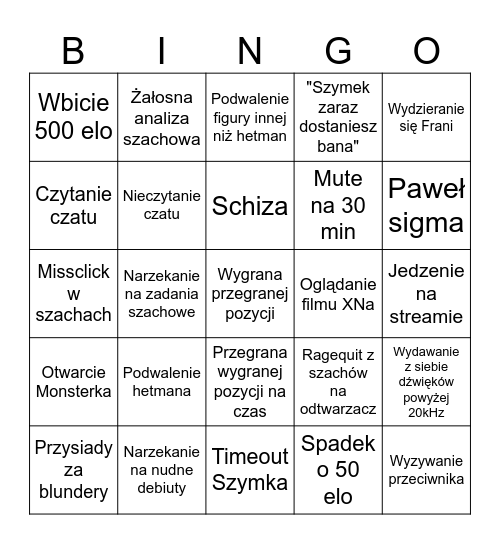 Streamowe Bingo Niulki Bingo Card