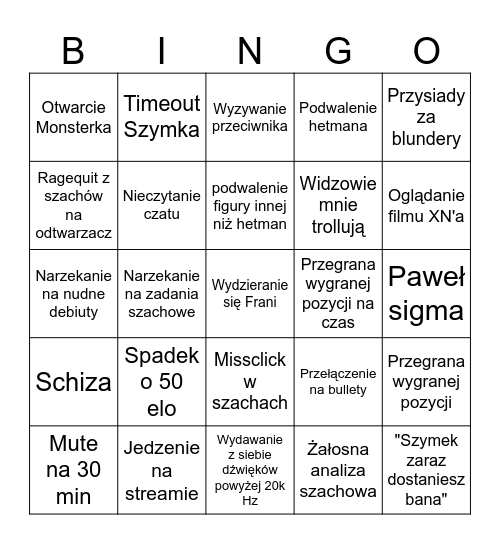 Bingo streamowe Niulki Bingo Card