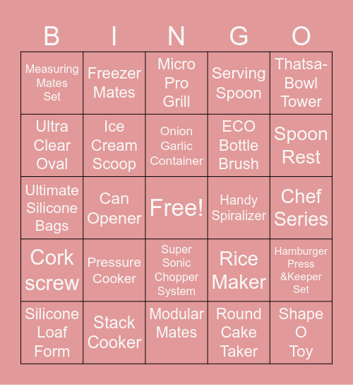 Tupperware Bingo Card