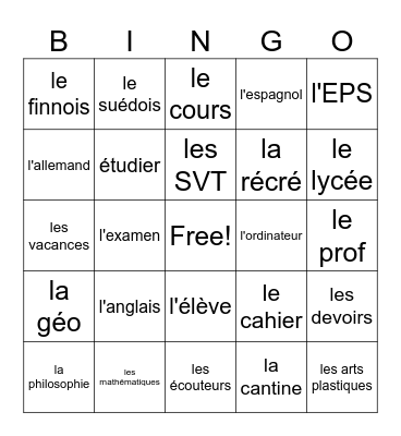École Bingo Card