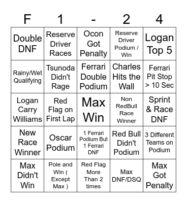 F1 2024 Fun Bingo Card